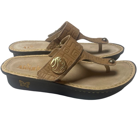 Alegria Shoes - Alegria Carina Tan Leather Wedge Thong Sandals Women's